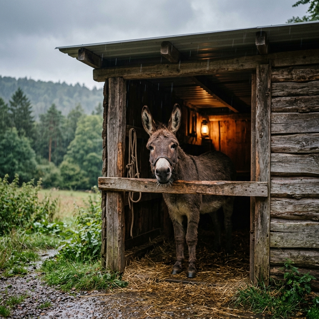 Esel geschützt unter Holzdach